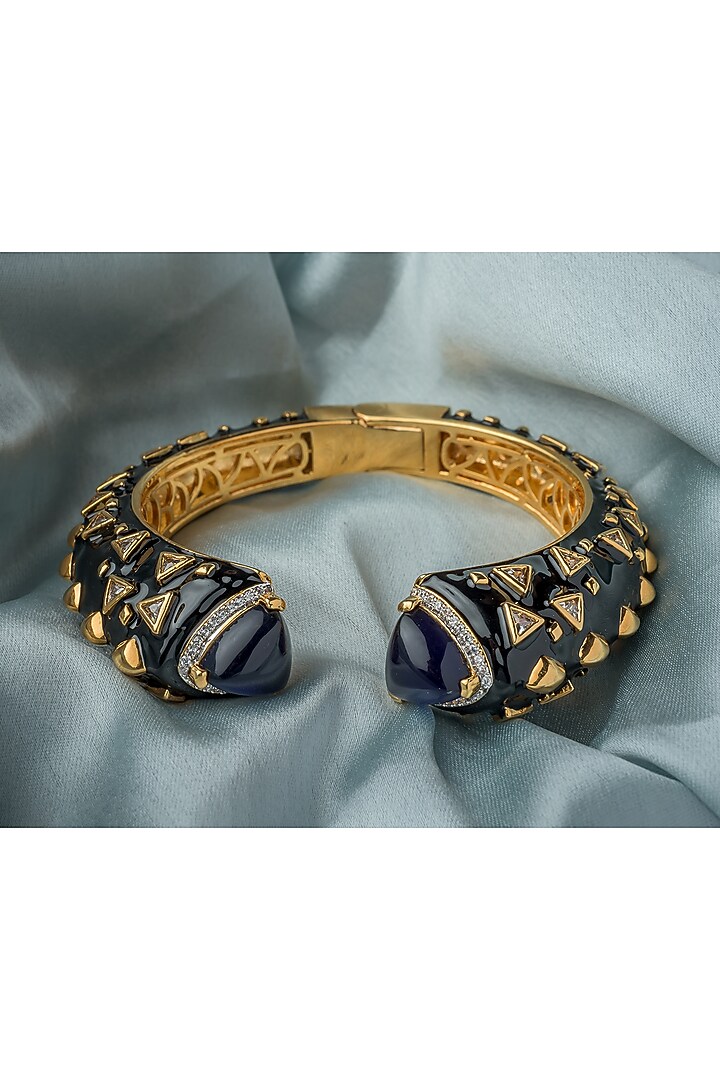 Gold Finish Black Enameled Gemstone Cuff Kada by Vivinia By Vidhi Mehra at Pernia's Pop Up Shop