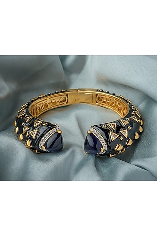 Gold Finish Black Enameled Gemstone Cuff Kada by Vivinia By Vidhi Mehra