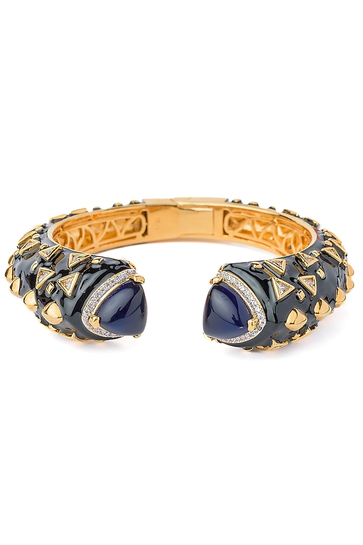 Gold Finish Black Enameled Gemstone Cuff Kada by Vivinia By Vidhi Mehra at Pernia's Pop Up Shop