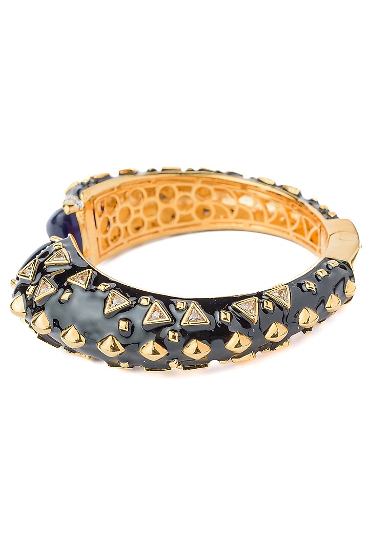 Gold Finish Black Enameled Gemstone Cuff Kada by Vivinia By Vidhi Mehra at Pernia's Pop Up Shop