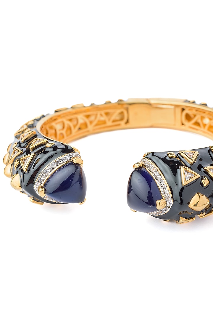 Gold Finish Black Enameled Gemstone Cuff Kada by Vivinia By Vidhi Mehra at Pernia's Pop Up Shop