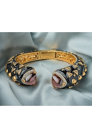 Gold Finish Black Enameled Gemstone Cuff Kada by Vivinia By Vidhi Mehra