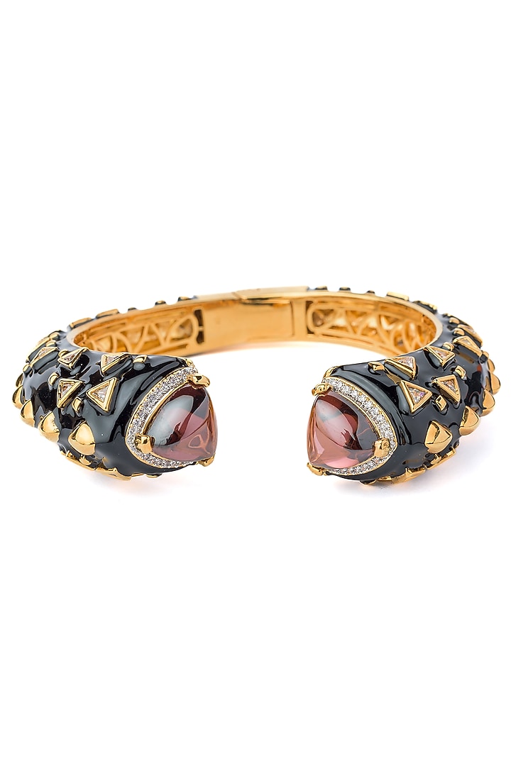 Gold Finish Black Enameled Gemstone Cuff Kada by Vivinia By Vidhi Mehra at Pernia's Pop Up Shop