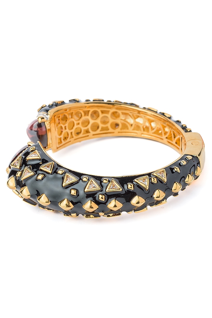 Gold Finish Black Enameled Gemstone Cuff Kada by Vivinia By Vidhi Mehra at Pernia's Pop Up Shop