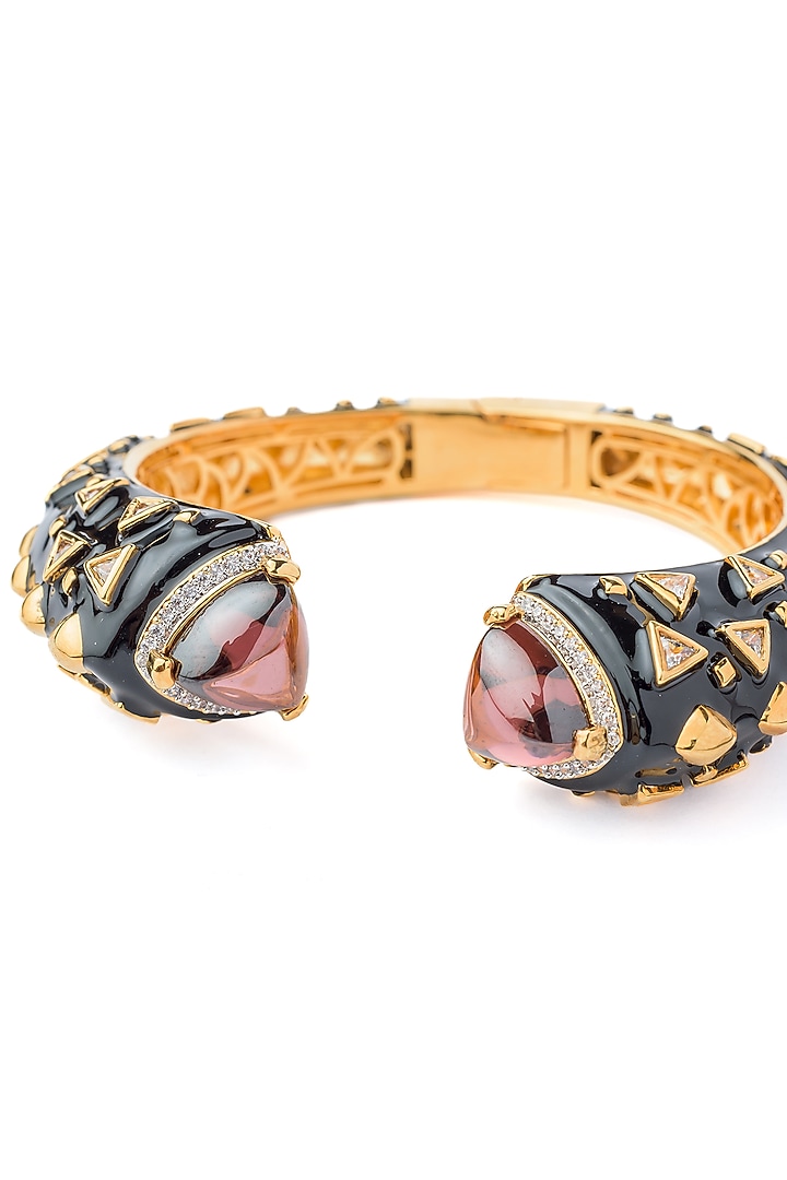Gold Finish Black Enameled Gemstone Cuff Kada by Vivinia By Vidhi Mehra at Pernia's Pop Up Shop