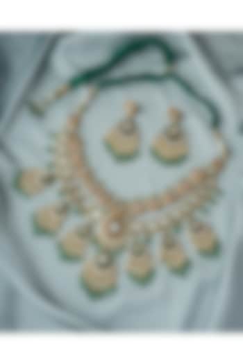 Gold Finish Kundan Polki & Green Beaded Necklace Set by Vivinia By Vidhi Mehra at Pernia's Pop Up Shop