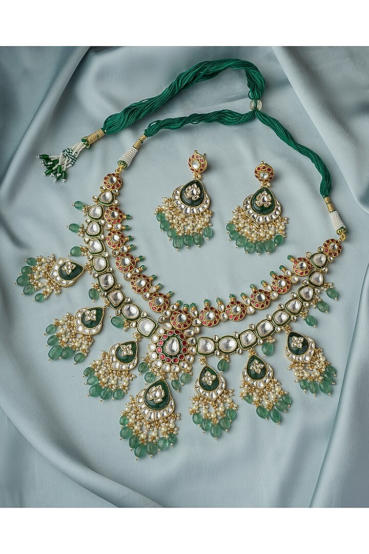 Gold Finish Kundan Polki & Green Beaded Necklace Set by Vivinia By Vidhi Mehra at Pernia's Pop Up Shop