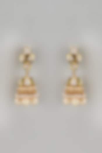 Gold Finish Kundan Polki & Pearl Drop Meenakari Jhumka Earrings by Vivinia By Vidhi Mehra at Pernia's Pop Up Shop