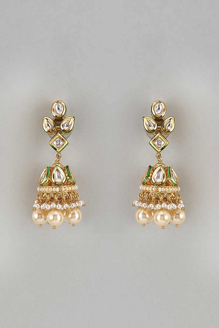 Gold Finish Kundan Polki & Pearl Drop Meenakari Jhumka Earrings by Vivinia By Vidhi Mehra at Pernia's Pop Up Shop