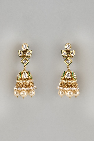 Gold Finish Kundan Polki & Pearl Drop Meenakari Jhumka Earrings by Vivinia By Vidhi Mehra