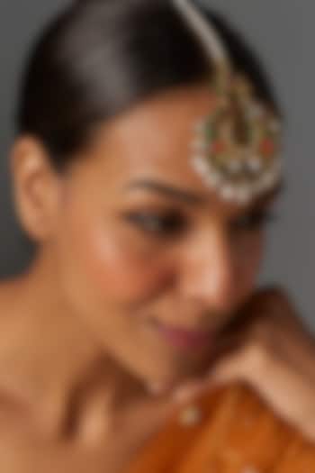 Gold Finish Navratna Stone & Beaded Maangtikka by Vivinia By Vidhi Mehra at Pernia's Pop Up Shop