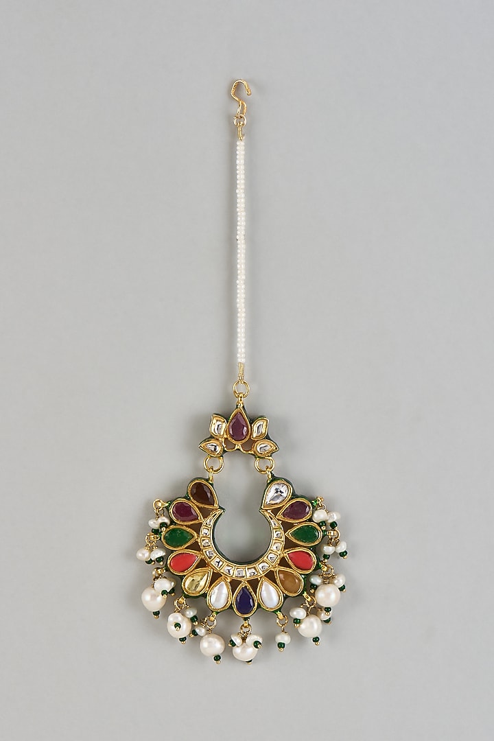 Gold Finish Navratna Stone & Beaded Maangtikka by Vivinia By Vidhi Mehra at Pernia's Pop Up Shop