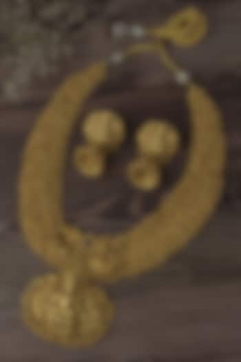 Gold Finish Temple Pendant Necklace Set by Vivinia By Vidhi Mehra at Pernia's Pop Up Shop