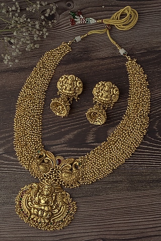 Gold Finish Temple Pendant Necklace Set by Vivinia By Vidhi Mehra