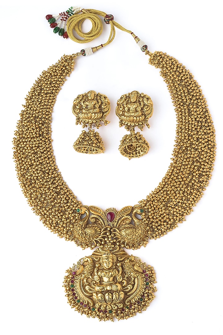 Gold Finish Temple Pendant Necklace Set by Vivinia By Vidhi Mehra at Pernia's Pop Up Shop