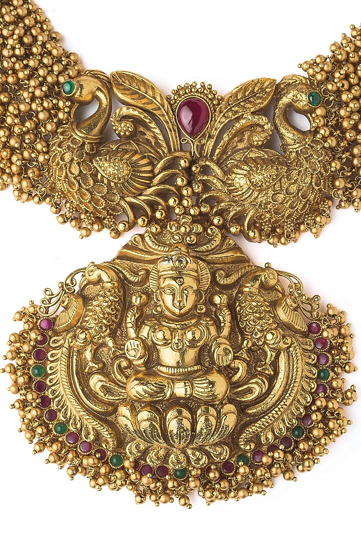 Gold Finish Temple Pendant Necklace Set by Vivinia By Vidhi Mehra at Pernia's Pop Up Shop