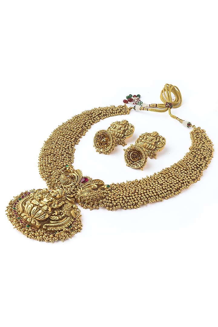 Gold Finish Temple Pendant Necklace Set by Vivinia By Vidhi Mehra at Pernia's Pop Up Shop