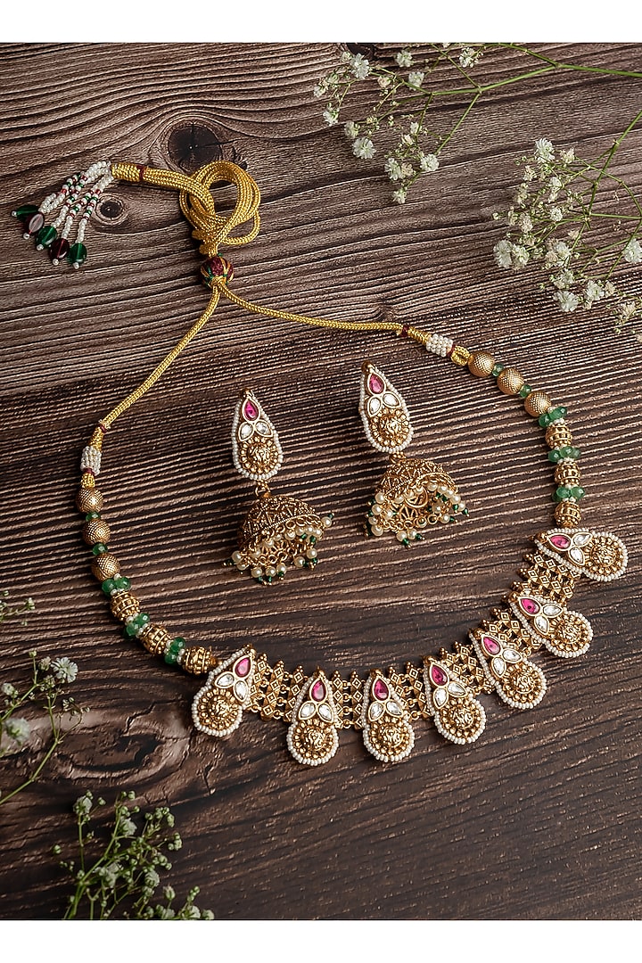Gold Finish Pink & Green Stone Choker Necklace Set by Vivinia By Vidhi Mehra at Pernia's Pop Up Shop