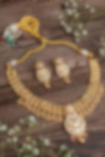 Gold Finish Pink & Green Stone Floral Pendant Necklace Set by Vivinia By Vidhi Mehra at Pernia's Pop Up Shop