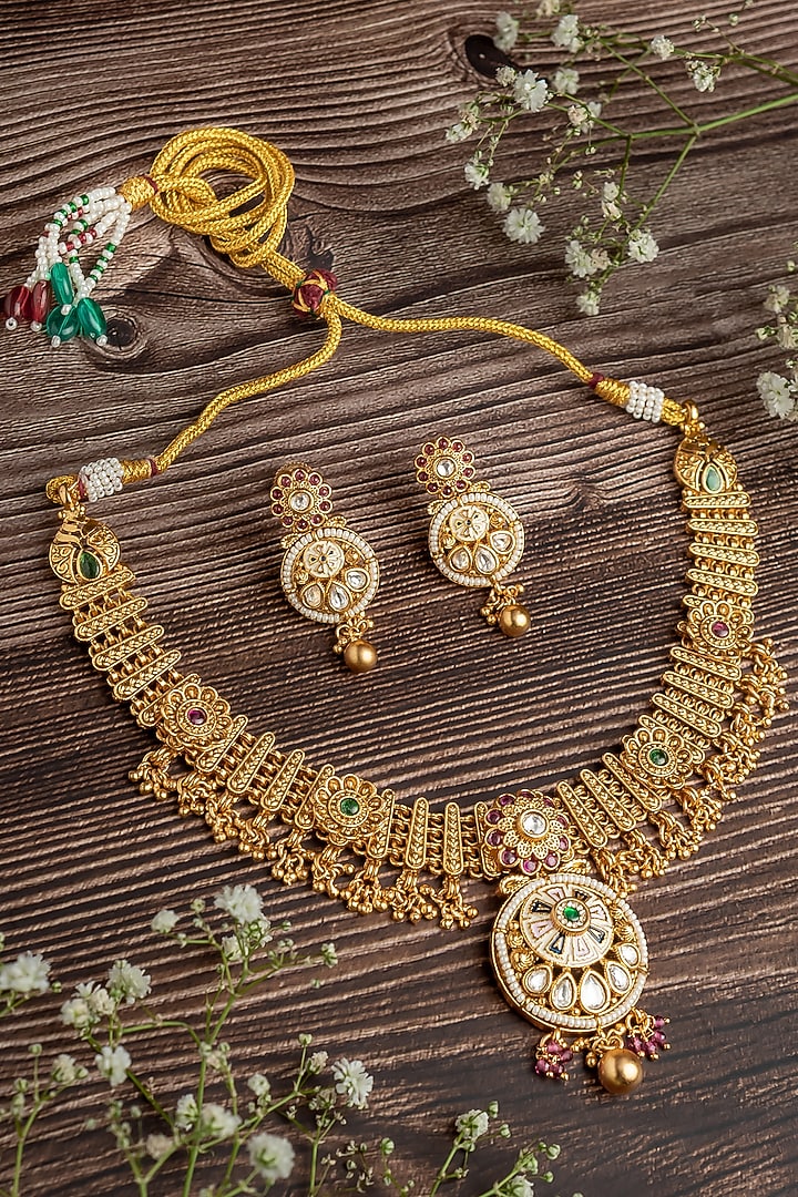 Gold Finish Pink & Green Stone Floral Pendant Necklace Set by Vivinia By Vidhi Mehra at Pernia's Pop Up Shop