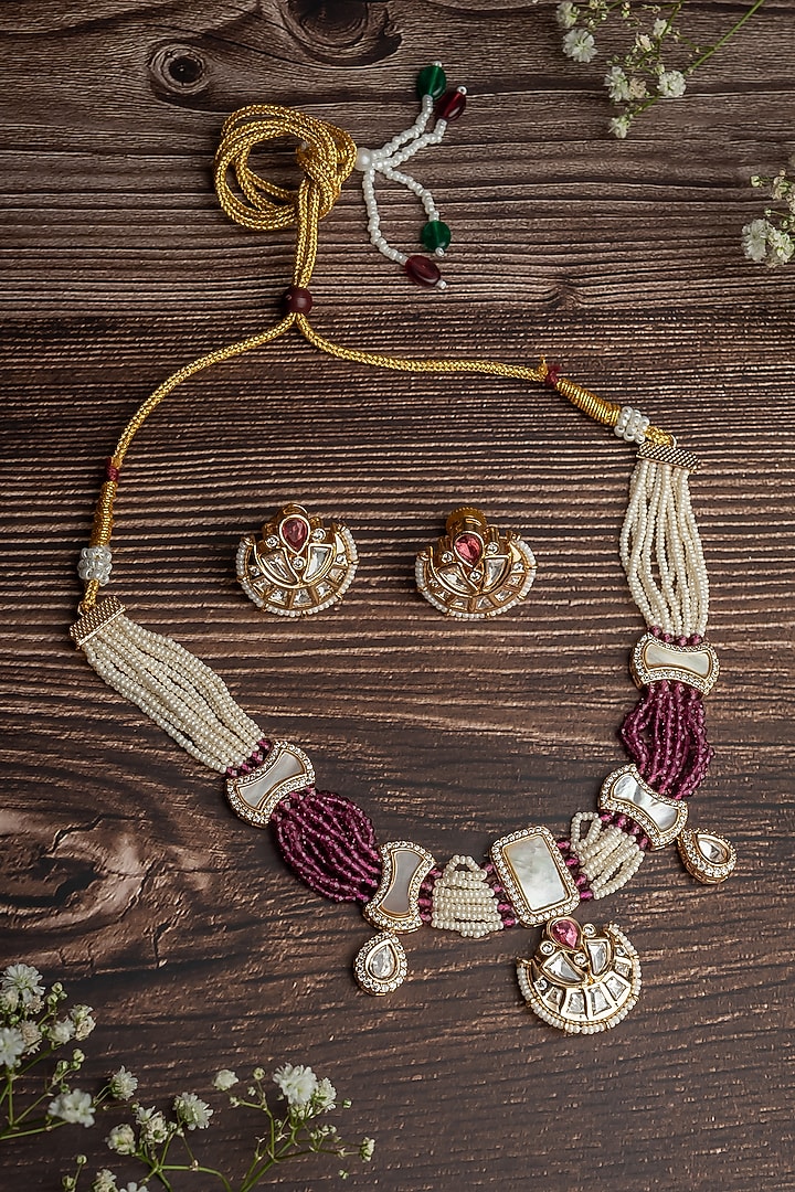 Gold Finish Pearl & Maroon Beaded Choker Necklace Set by Vivinia By Vidhi Mehra at Pernia's Pop Up Shop