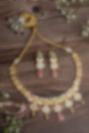 Gold Finish Pink & Green Stone Floral Choker Necklace Set by Vivinia By Vidhi Mehra at Pernia's Pop Up Shop