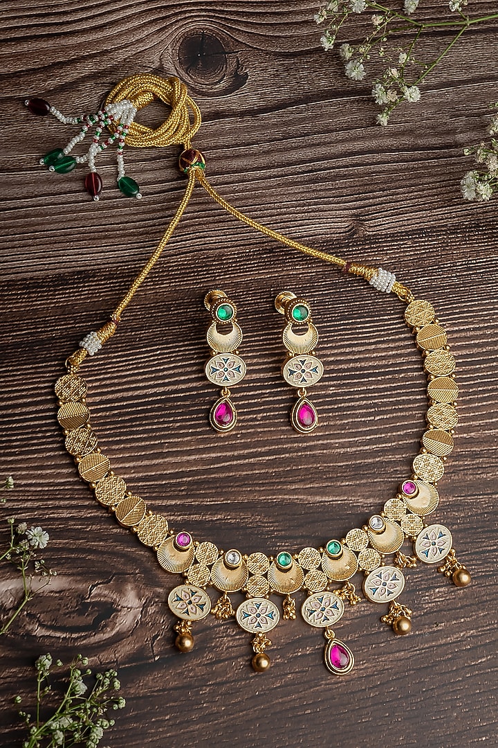 Gold Finish Pink & Green Stone Floral Choker Necklace Set by Vivinia By Vidhi Mehra at Pernia's Pop Up Shop