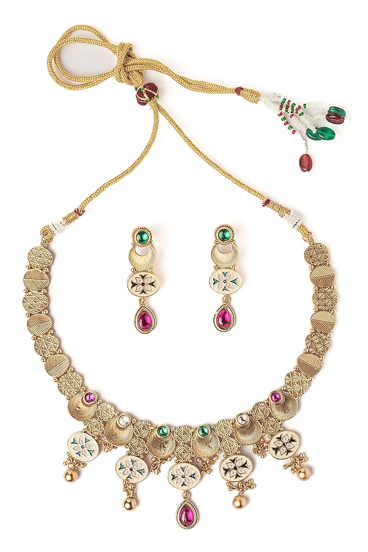 Gold Finish Pink & Green Stone Floral Choker Necklace Set by Vivinia By Vidhi Mehra at Pernia's Pop Up Shop