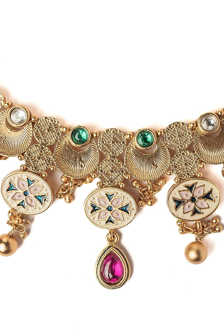 Gold Finish Pink & Green Stone Floral Choker Necklace Set by Vivinia By Vidhi Mehra at Pernia's Pop Up Shop