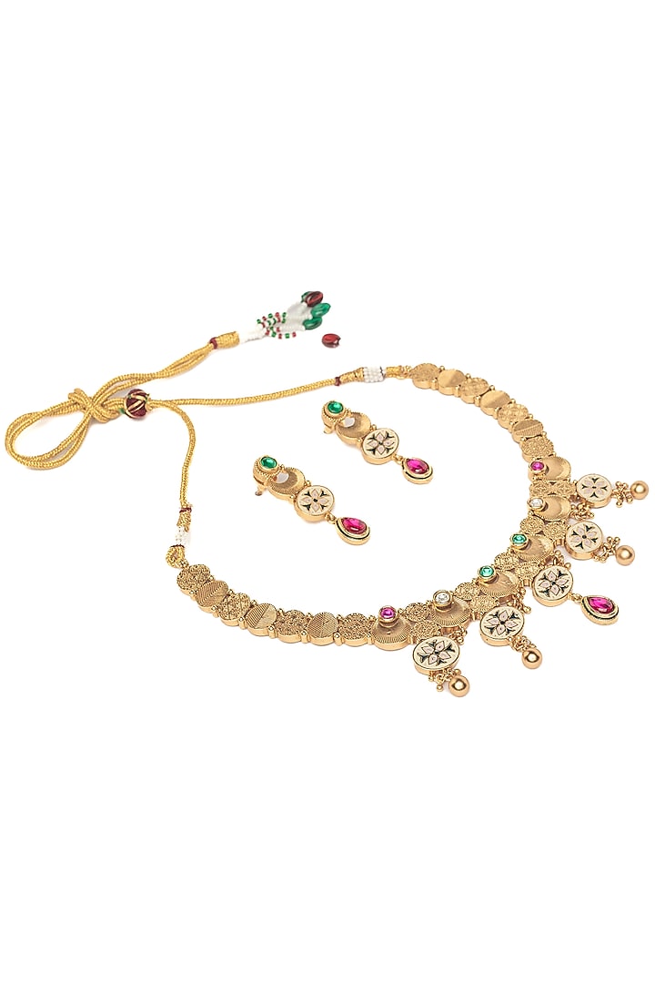 Gold Finish Pink & Green Stone Floral Choker Necklace Set by Vivinia By Vidhi Mehra at Pernia's Pop Up Shop