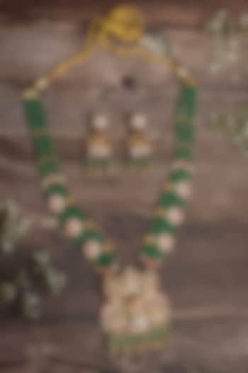 Gold Finish Green Beaded Long Layered Necklace Set by Vivinia By Vidhi Mehra at Pernia's Pop Up Shop