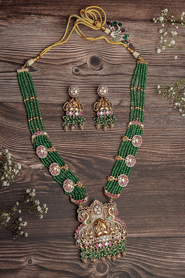 Gold Finish Green Beaded Long Layered Necklace Set by Vivinia By Vidhi Mehra at Pernia's Pop Up Shop