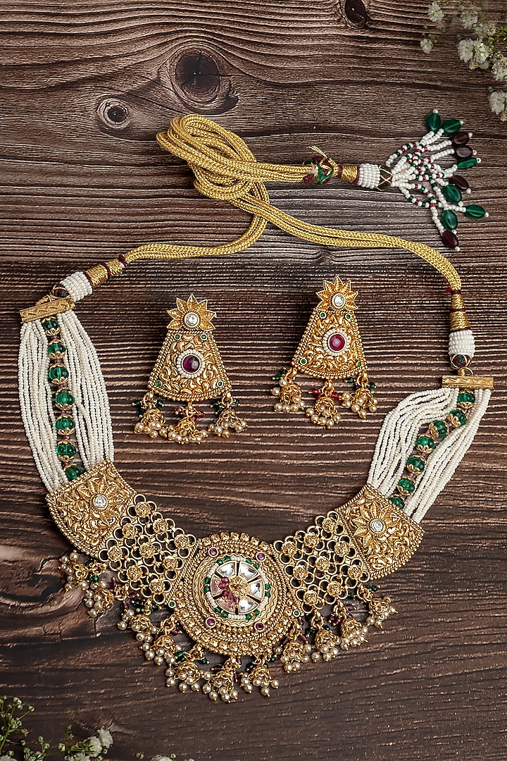 Gold Finish Pearl & Green Gemstone Choker Necklace Set by Vivinia By Vidhi Mehra at Pernia's Pop Up Shop