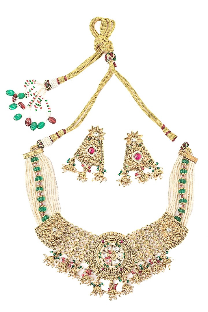 Gold Finish Pearl & Green Gemstone Choker Necklace Set by Vivinia By Vidhi Mehra at Pernia's Pop Up Shop