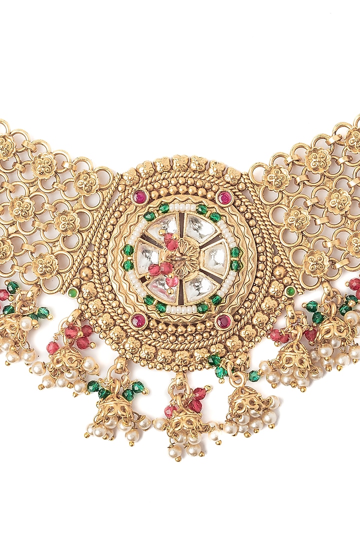 Gold Finish Pearl & Green Gemstone Choker Necklace Set by Vivinia By Vidhi Mehra at Pernia's Pop Up Shop