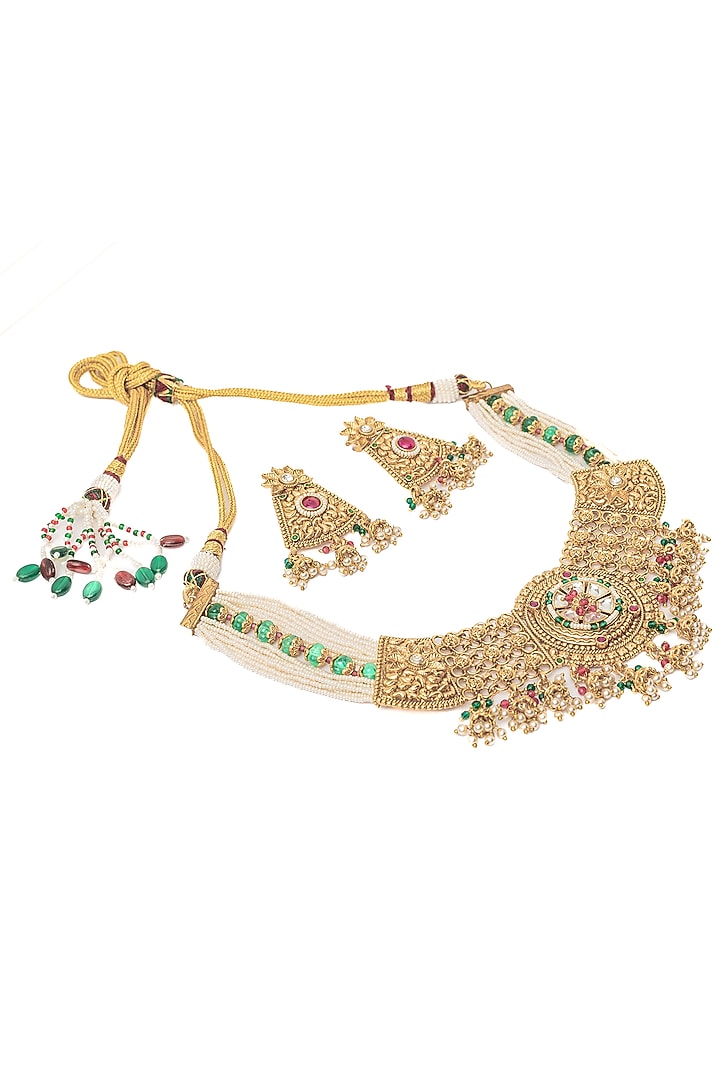 Gold Finish Pearl & Green Gemstone Choker Necklace Set by Vivinia By Vidhi Mehra at Pernia's Pop Up Shop
