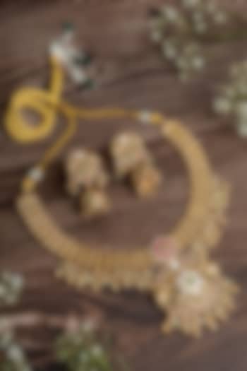 Gold Finish Gemstone Necklace Set by Vivinia By Vidhi Mehra at Pernia's Pop Up Shop