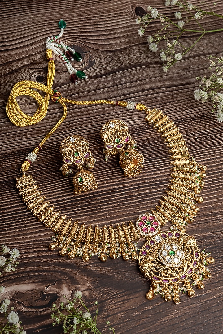 Gold Finish Gemstone Necklace Set by Vivinia By Vidhi Mehra at Pernia's Pop Up Shop
