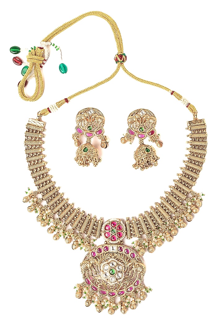 Gold Finish Gemstone Necklace Set by Vivinia By Vidhi Mehra at Pernia's Pop Up Shop