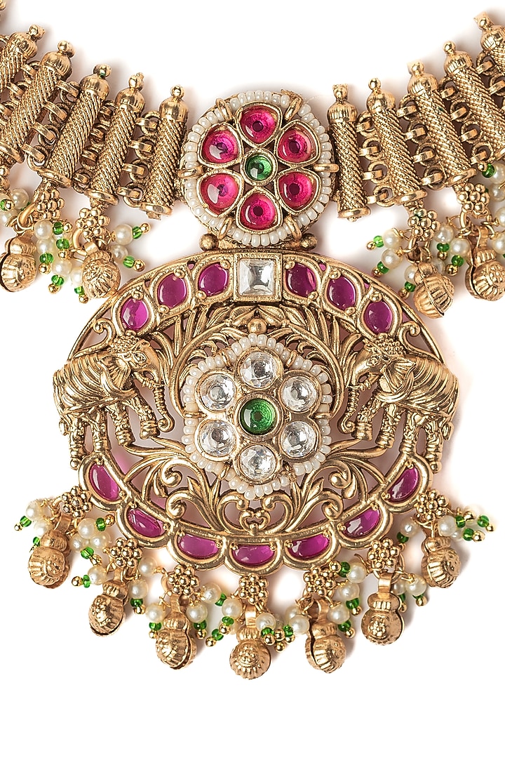 Gold Finish Gemstone Necklace Set by Vivinia By Vidhi Mehra at Pernia's Pop Up Shop