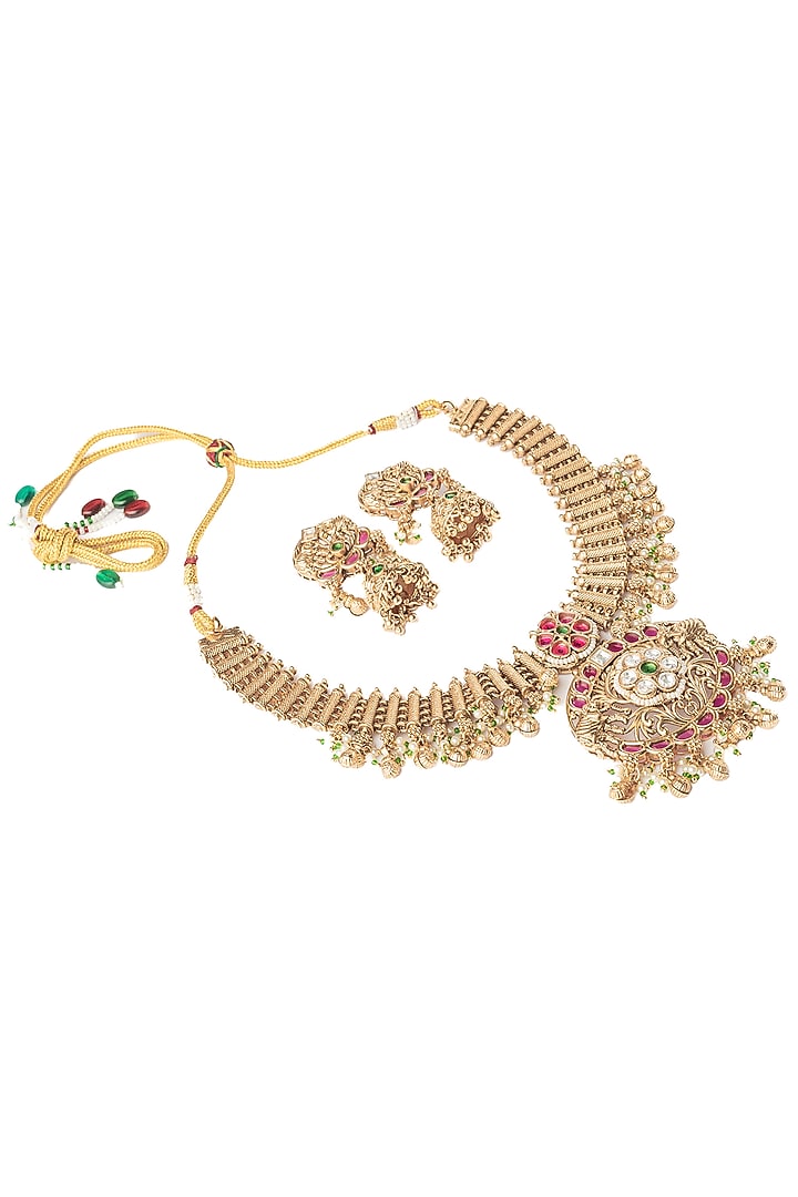 Gold Finish Gemstone Necklace Set by Vivinia By Vidhi Mehra at Pernia's Pop Up Shop