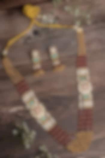 Gold Finish Maroon & Green Beaded Long Layered Necklace Set by Vivinia By Vidhi Mehra at Pernia's Pop Up Shop