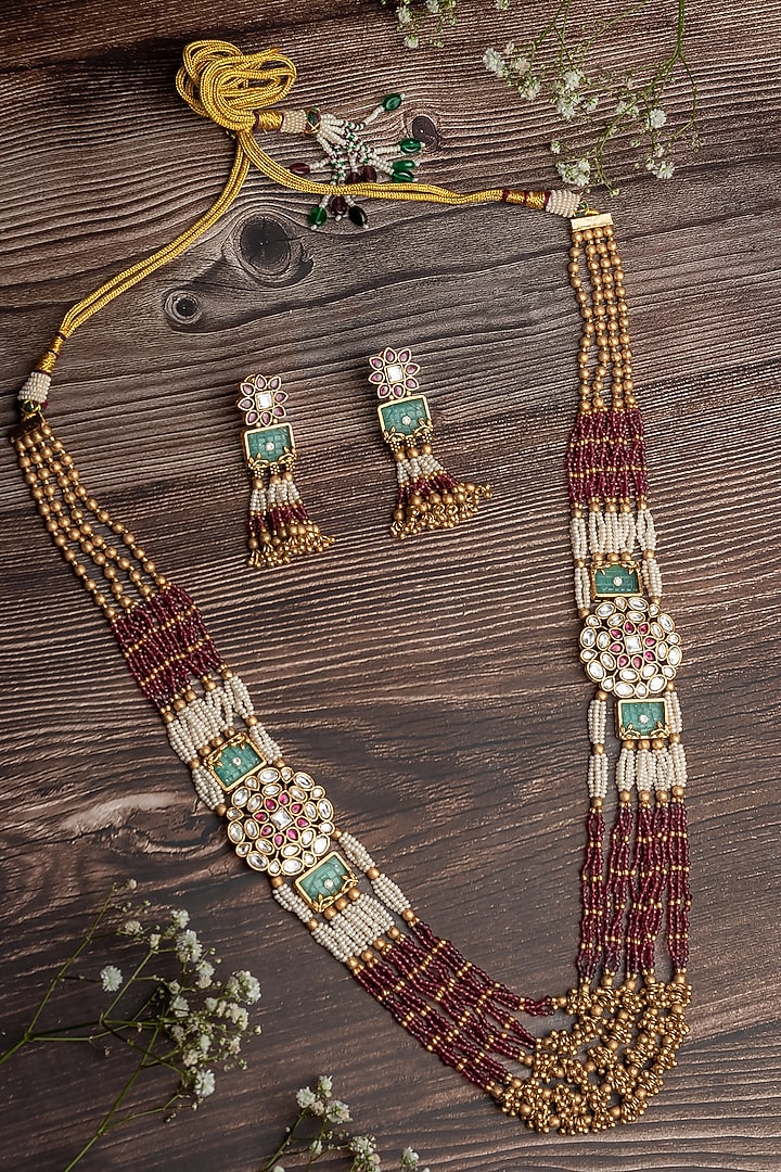 Gold Finish Maroon & Green Beaded Long Layered Necklace Set by Vivinia By Vidhi Mehra at Pernia's Pop Up Shop