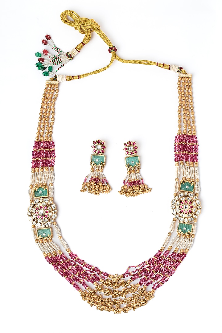 Gold Finish Maroon & Green Beaded Long Layered Necklace Set by Vivinia By Vidhi Mehra at Pernia's Pop Up Shop