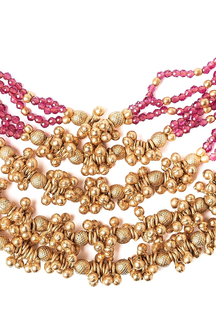 Gold Finish Maroon & Green Beaded Long Layered Necklace Set by Vivinia By Vidhi Mehra at Pernia's Pop Up Shop