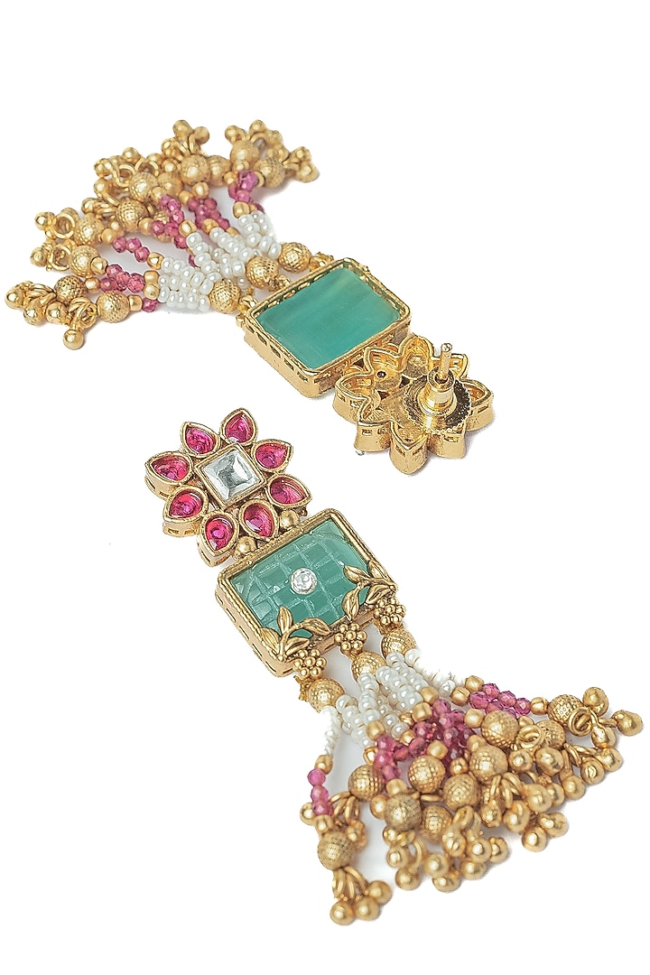 Gold Finish Maroon & Green Beaded Long Layered Necklace Set by Vivinia By Vidhi Mehra at Pernia's Pop Up Shop