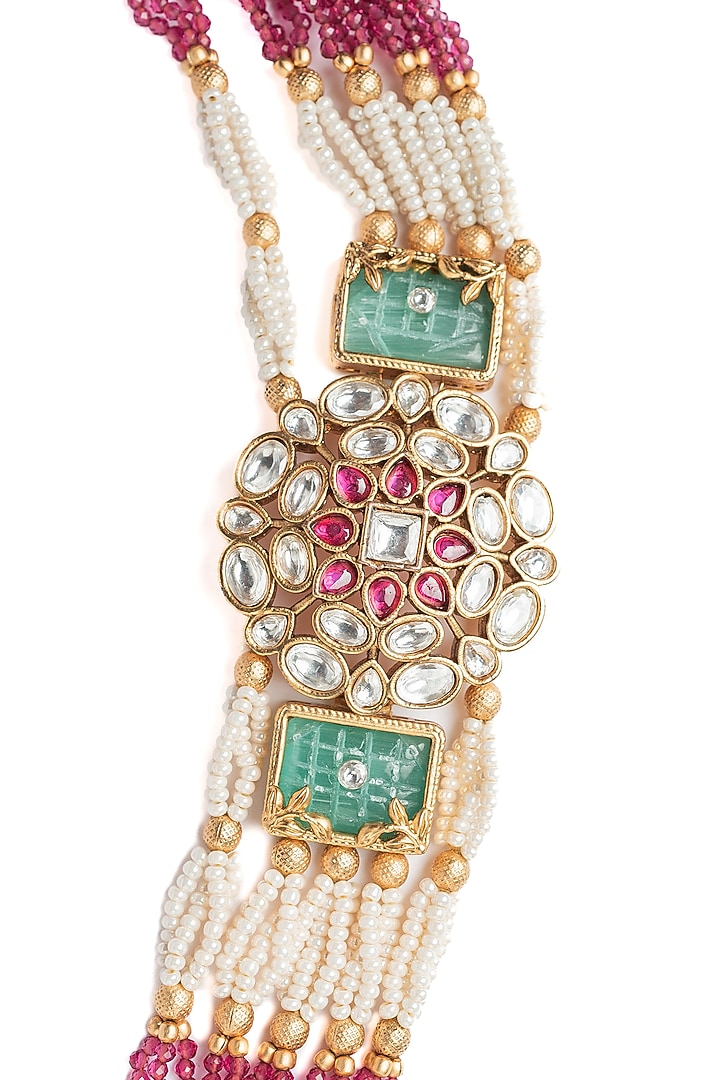 Gold Finish Maroon & Green Beaded Long Layered Necklace Set by Vivinia By Vidhi Mehra at Pernia's Pop Up Shop