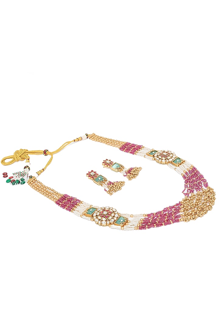 Gold Finish Maroon & Green Beaded Long Layered Necklace Set by Vivinia By Vidhi Mehra at Pernia's Pop Up Shop