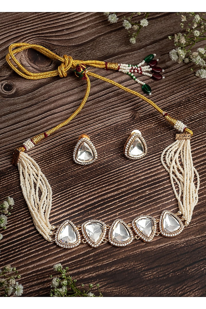 Gold Finish Pearl Strand & Mirror Stone Choker Necklace Set by Vivinia By Vidhi Mehra at Pernia's Pop Up Shop