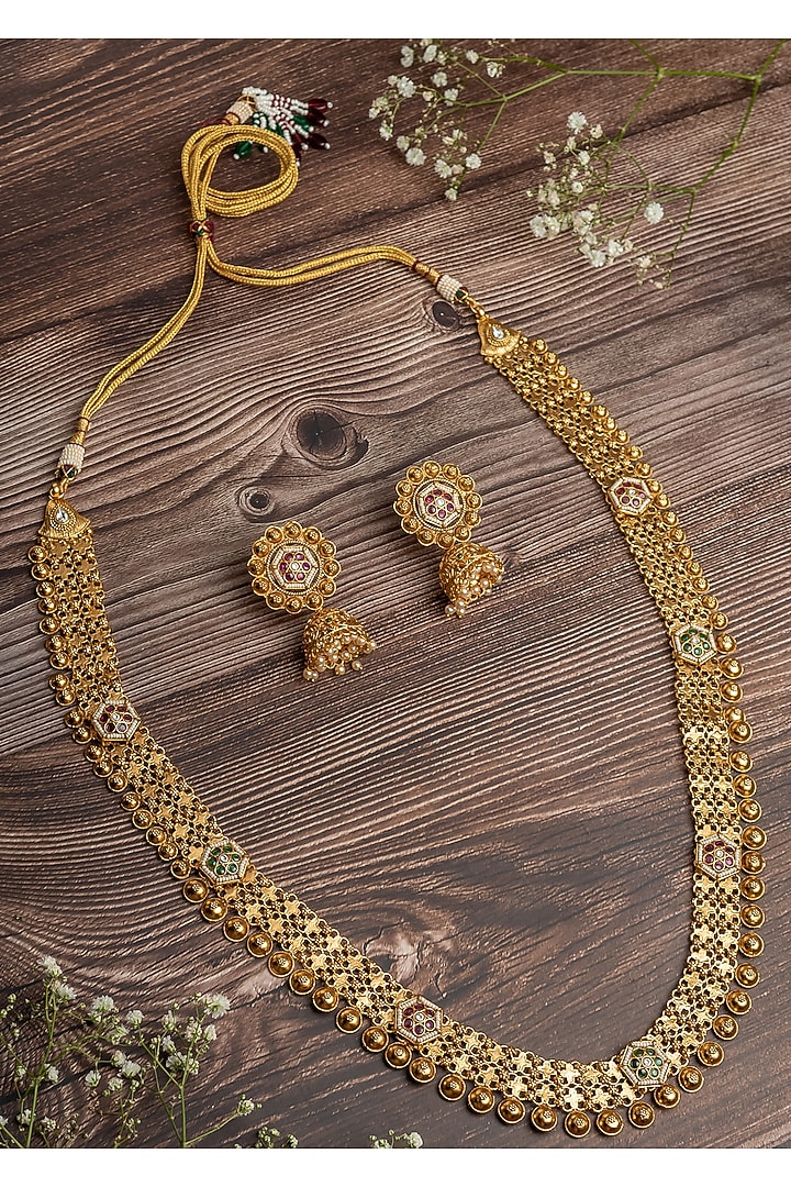 Gold Finish Floral Long Necklace Set by Vivinia By Vidhi Mehra at Pernia's Pop Up Shop